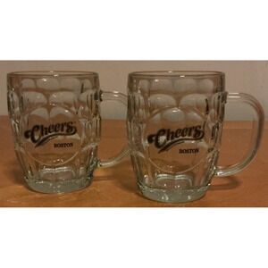 2 Cheer's Boston Clear Glass Barrel Beer Mugs Thumbprint  16 Oz